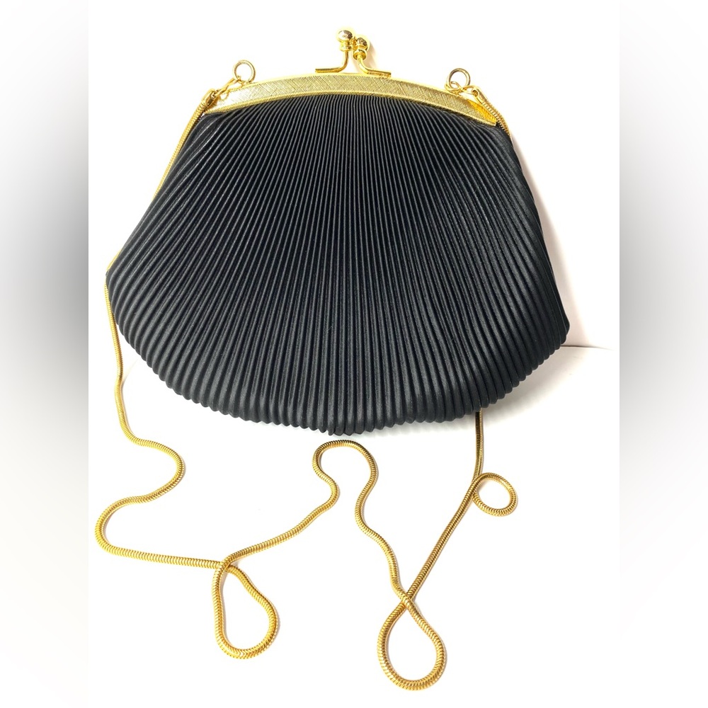 Vintage Black Satin W/ Micro Pleates Handmade In Hongkong By DU-VAL Purse